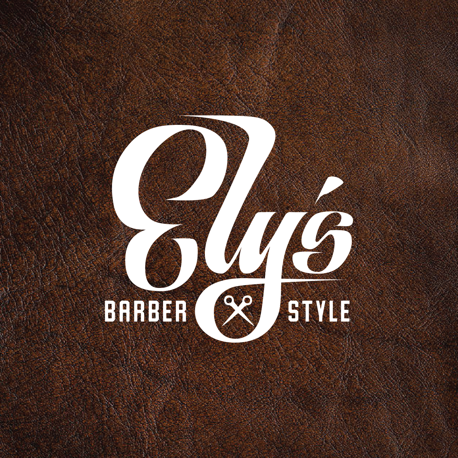 Ely's Barber and Style wordmark on a rich brown leather texture.